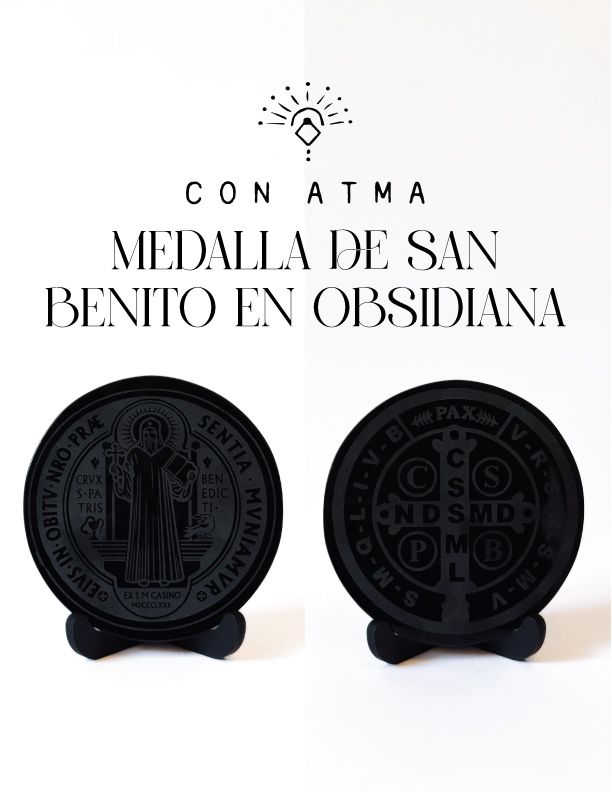 ESPEJO DE OBSIDIANA CON MEDALLA DE SAN BENITO